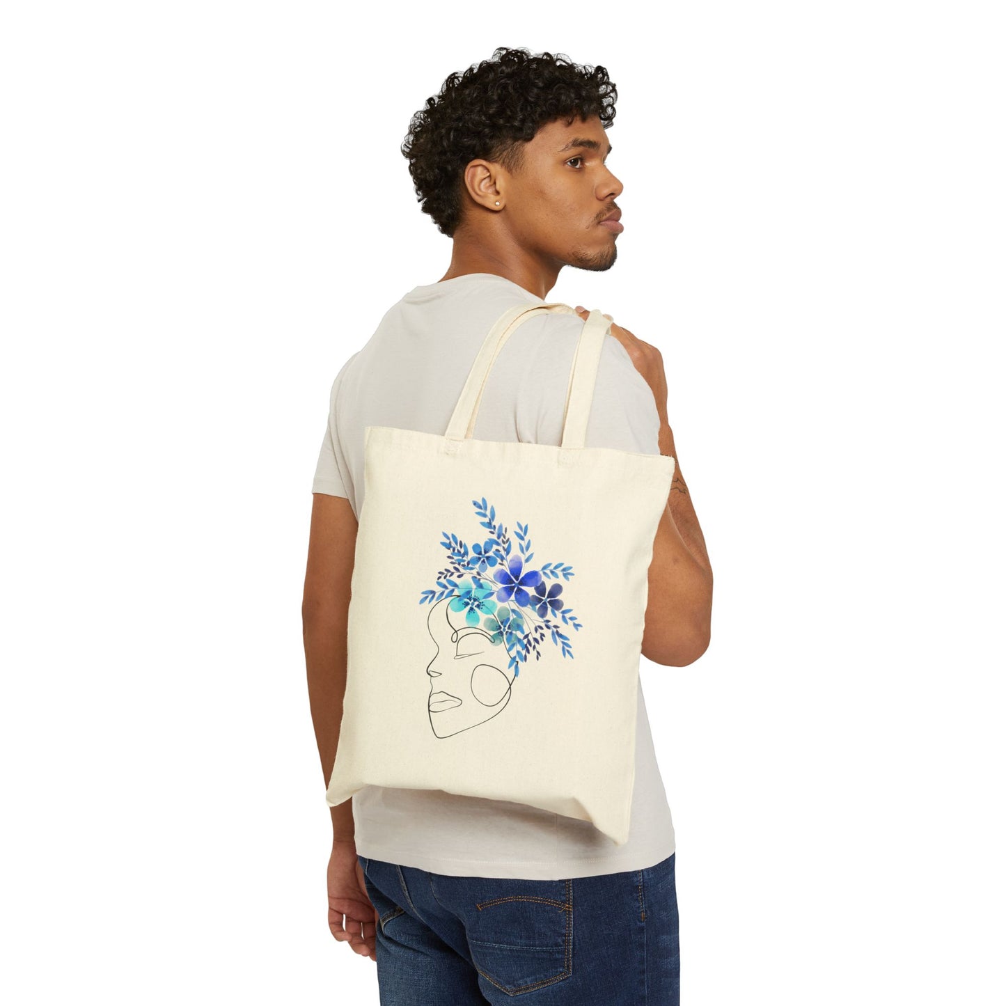 Blue Floral Woman Face Tote Bag